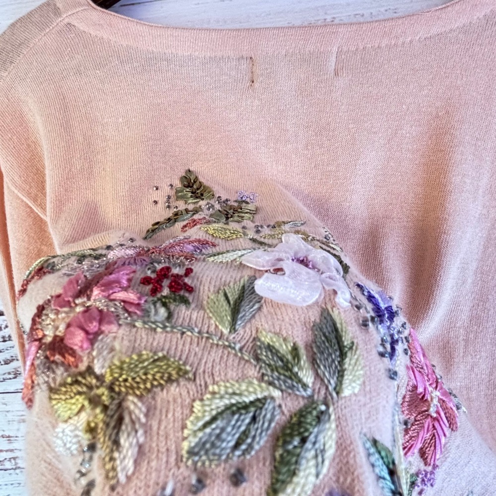 Vintage Embroidered Beaded Cardigan L Peach Ramie/Rayon 3D Ribbon Floral Whimsy - Picture 15 of 16